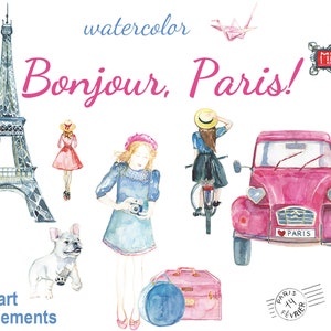 Digital 22 acuarela Bonjour Paris clip art, effel, travel Digital Collage, Valentines Day love clipart, Instant Download, clip 65