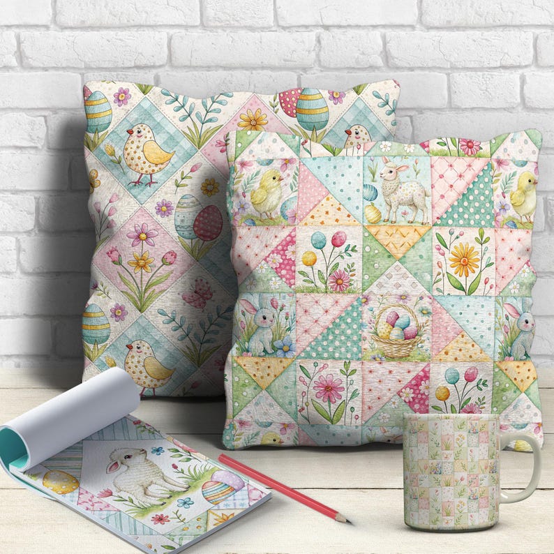 Puede incluir: Dos cojines decorativos con motivos de Pascua con dise&ntilde;os de patchwork con pollitos, conejitos, huevos y flores. Tambi&eacute;n se ven una taza y un bloc de notas a juego con un l&aacute;piz, todos con dise&ntilde;os similares. La paleta de colores incluye rosas, azules y amarillos pastel.