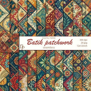 Op de afbeelding: Digitale papier set met een patchwork ontwerp. De patronen omvatten bloemen en geometrische vormen in tinten teal, rood, geel en oranje. De tekst "Batik patchwork seamless" wordt weergegeven op een witte banner. Bevat 20 JPG-bestanden, 300 dpi.