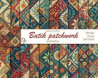 May include: Digital paper set featuring a patchwork design with floral and geometric patterns in shades of teal, red, yellow, and orange. The text "Batik patchwork seamless" is displayed on a white banner. Includes 20 JPG files, 12x12 inches, 300 dpi.
