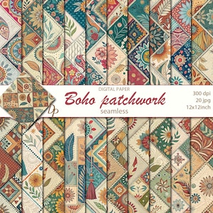 May include: A set of 20 digital papers featuring a boho patchwork design with a variety of colors and patterns, including floral, geometric, and paisley. The papers are seamless and can be used for a variety of crafting projects.