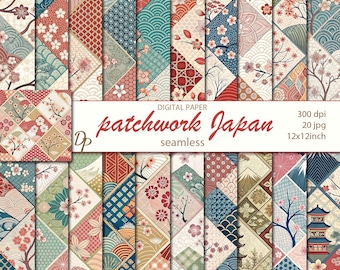 Puede incluir: Un conjunto de papeles digitales con un diseño de patchwork con patrones de inspiración japonesa. Los diseños incluyen flores de cerezo, olas y formas geométricas en tonos rojos, azules y beige. Se muestra el texto "patchwork Japan".