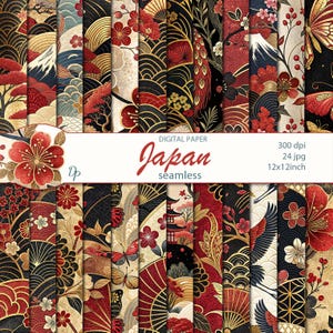 Puede incluir: Paquete de papel digital con 24 diseños japoneses sin costuras. Los patrones incluyen flores de cerezo, abanicos y paisajes en rojo, negro y dorado. Se muestra el texto "Japan seamless".