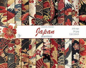 May include: Digital paper pack featuring 24 seamless designs with Japanese-inspired patterns. The designs include cherry blossoms, fans, and landscapes in red, black, and gold. The text "Japan seamless" is displayed.