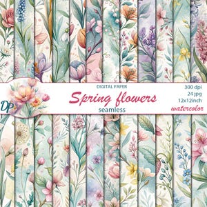 May include: A set of 24 digital papers featuring watercolor spring flowers in various colors, including pink, yellow, blue, and green. The papers are seamless and perfect for crafting projects.