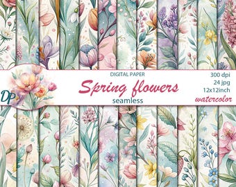 Papéis sem costura de flores de primavera digitais, 24 padrões de scrapbooking para impressão, colagem de flores florais, aquarela, download instantâneo, conjunto 98