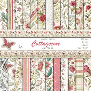 Digitala sömlösa papper från Cottagecore, 24 utskrivbara scrapbookingmönster, 2 ramar, blommigt collage, direktnedladdning, set 126
