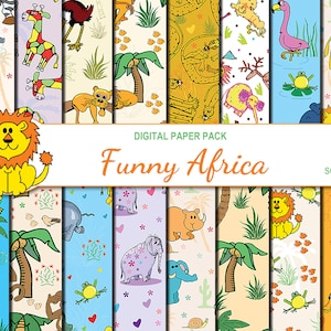 Digital Funny African Animals Paper Pack, 16 printable seamless scrapbooking papers, Digital Collage, kids clipart, Instant Download, set 57