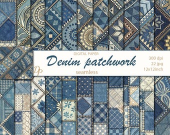 Digital Denim patchwork seamless papers, 22 printable jeans scrapbooking patterns, quilt collage, Instant Download, set 493