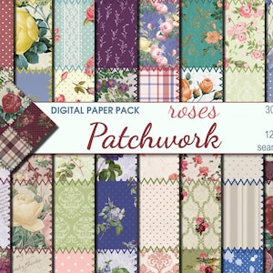 Digitale Patchwork Rosen Stoff Nahtlose Papier Pack, 16 druckbare Papiere, Stoff Collage, sofortiger Download, Set-471