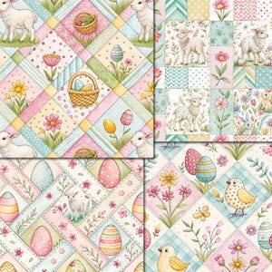 Puede incluir: Una colecci&oacute;n de papeles estampados con tem&aacute;tica de Pascua. Los dise&ntilde;os presentan colores pastel, corderos, huevos de Pascua, flores y cestas. Los patrones est&aacute;n dispuestos en un estilo patchwork, con cada cuadrado mostrando un elemento diferente.