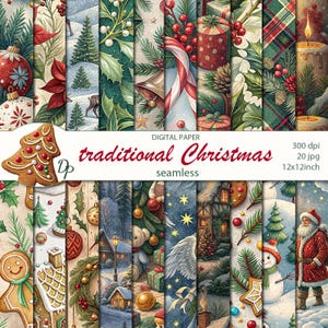Puede incluir: Una colección de diseños de papel digital con temática navideña tradicional. Los diseños incluyen elementos festivos como adornos, hombres de jengibre, Papá Noel y escenas invernales. El texto "traditional Christmas seamless" se muestra en la imagen.