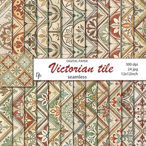 Puede incluir: Papel digital con una colección de patrones de baldosas victorianas sin costuras. Los diseños muestran intrincados motivos florales y geométricos en una paleta de beige, marrón, verde y rojo. El texto "Victorian tile seamless" está incluido.