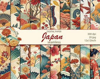 May include: A collection of digitally created seamless paper patterns with Japanese-inspired designs. The patterns feature floral motifs, butterflies, and landscapes in a palette of red, orange, blue, and cream. The text "DIGITAL PAPER Japan seamless" is displayed.