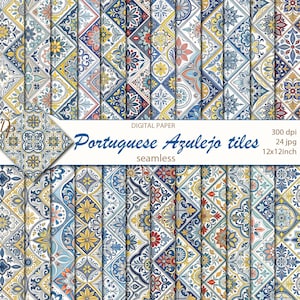 Digital Portuguese Azulejo tiles seamless papers, 24 printable scrapbooking patterns, Mediterranean collage, Instant Download, set 510