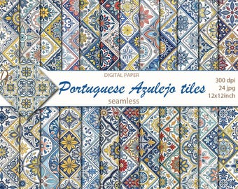 Digital Portuguese Azulejo tiles seamless papers, 24 printable scrapbooking patterns, Mediterranean collage, Instant Download, set 510