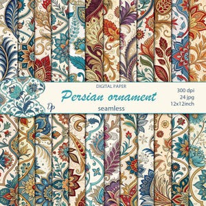 Può includere: Set di carta digitale con disegni di ornamenti persiani senza cuciture. I motivi presentano intricati motivi floreali e paisley nei toni del blu, rosso, oro e viola. L'immagine include il testo "Persian ornament seamless" e "12x12 inch", circa 30x30 cm.