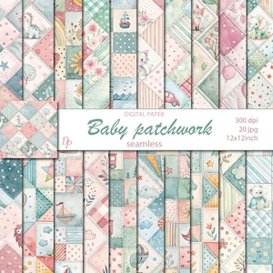 May include: A collection of seamless digital paper patterns with a baby patchwork theme. The designs feature pastel colors, including pink, blue, and green, with illustrations of animals, flowers, and vehicles. The text "Baby patchwork seamless" is displayed on the image. The image dimensions are 12x12 inches.