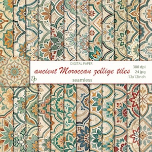 Peut inclure: Plusieurs motifs sans couture créés numériquement, représentant des carreaux zellige marocains anciens. Les motifs présentent des motifs floraux et géométriques complexes dans des tons de turquoise, d'orange, de marron et de crème. Le texte indique du papier numérique, 30.48cm x 30.48cm.