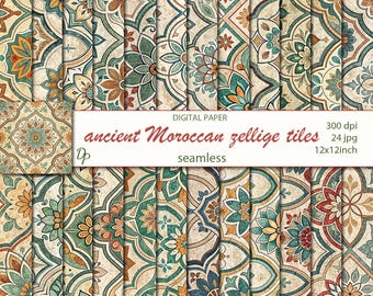 Digitale oude Marokkaanse Zellige-tegels etnisch naadloos Papers, 24 afdrukbare scrapbookingpatronen, Marokko, Instant Download, set 481