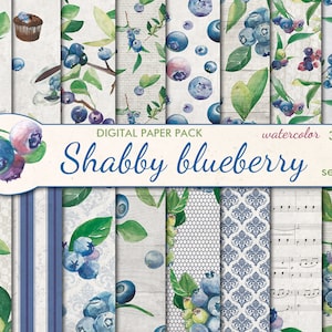 Paquete de papel digital Shabby Blueberry Seamless, 16 papeles de scrapbooking de acuarela, Collage floral, Decoupage, Descarga instantánea, set 431