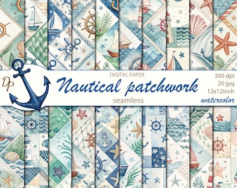 Digital Nautical patchwork seamless papers, 20 printable watercolor scrapbooking patterns,marine collage, Instant Download, set 147