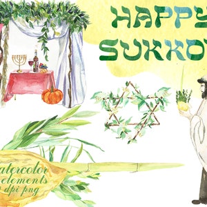 Puede incluir: Ilustración de acuarela de una celebración de Sucot con una sucá, lulav, etrog y una Estrella de David. El texto "Happy Sukkot!" está escrito en letras verdes sobre un fondo amarillo.