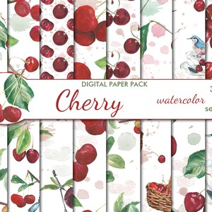 Digital Watercolor Cherry Seamless Paper Pack, 16 printable Scrapbooking papers, Floral Collage, Decoupage, Instant Download, set 449