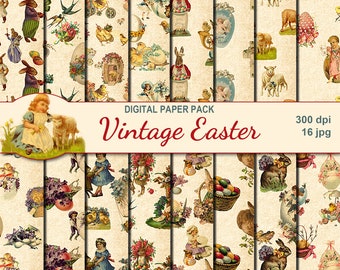 Paquete de papel de Pascua Vintage digital, 16 papeles imprimibles de Scrapbooking Digital, Collage Digital de Pascua, antiguo, Descarga instantánea, set 261