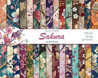 May include: A collection of seamless digital paper designs featuring floral patterns with cherry blossoms. The designs include various colors such as pink, blue, gold, and purple. The text on the image reads "Sakura seamless" and "12x12 inch".