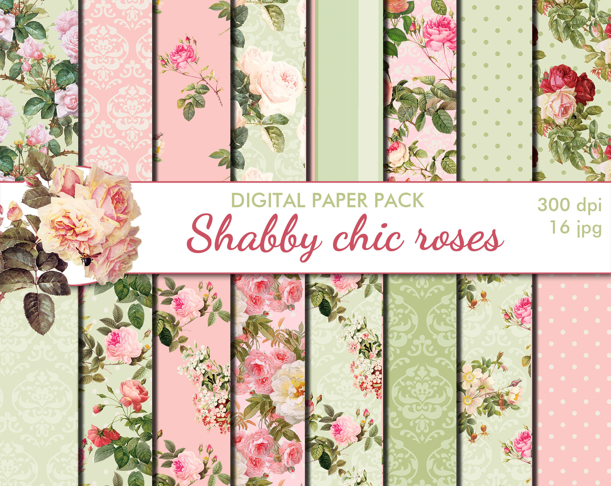 Rustic Roses Paper Digital Shabby Chic Pink Roses Paper Pack, 16 Printable Digital ...
