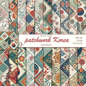 May include: A selection of digital patchwork paper designs with a Korean theme. The designs showcase floral and geometric patterns in various colours, including red, blue, green, and orange. The text "patchwork Korea" is displayed on a white rectangle.
