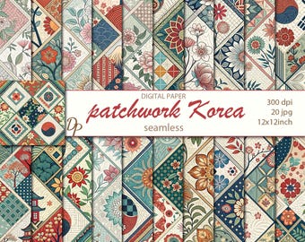 May include: A collection of digitally created patchwork paper designs with a Korean theme. The designs feature floral and geometric patterns in a variety of colors, including red, blue, green, and orange. The text "patchwork Korea" is displayed on a white rectangle.