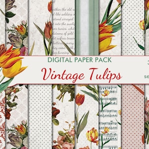 Digitales Vintage Tulips Seamless Paper Pack, 16 druckbare shabby Scrapbooking Papiere, Retro Tulpen Collage, Instant Download, set 418