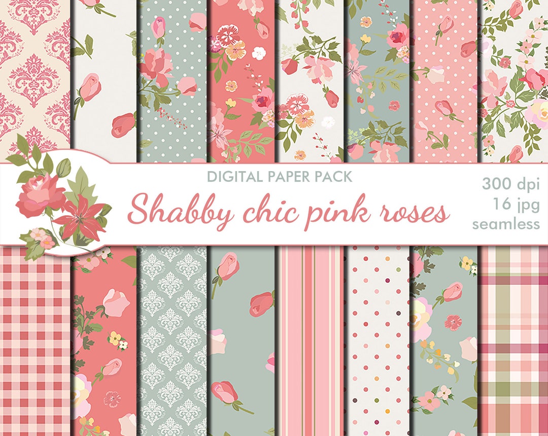 Digital Shabby Chic Pink Roses Seamless Paper Pack, 16 Printable ...