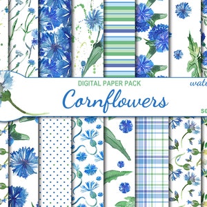Könnte beinhalten: Ein digitales Papierpaket mit 16 nahtlosen Aquarellmustern mit blauen Kornblumen auf weißem Hintergrund. Die Muster umfassen Punkte, Streifen, Karos und Blumenmuster. Der Text "DIGITAL PAPER PACK" und "Cornflowers" wird auf einem weißen Banner angezeigt.