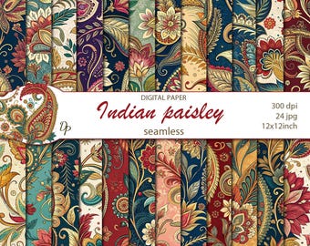 Papéis digitais sem emenda com estampa floral indiana paisley, 24 padrões imprimíveis para scrapbooking, Download instantâneo, conjunto 545
