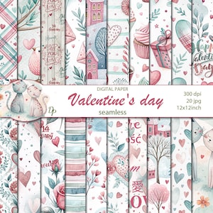Puede incluir: Una colección de papeles digitales de acuarela con temática de San Valentín. Los diseños incluyen corazones, gatos, casas, cupcakes y elementos florales en tonos rosa, rojo y turquesa. El texto "Valentine's day" y "seamless" es visible.