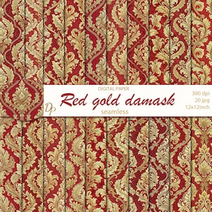 Puede incluir: Papel digital con un patrón de damasco rojo y dorado sin costuras. El diseño presenta intrincados motivos de hojas doradas sobre un fondo rojo intenso. El texto "Red gold damask seamless" está en la imagen.