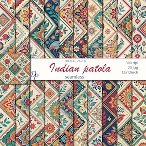 Puede incluir: Una colección de patrones de papel digital Indian Patola sin costuras. Los diseños presentan intrincados motivos florales y geométricos en tonos de rojo, verde azulado, naranja y crema. La imagen incluye el texto "Indian patola seamless" y "12x12 inch".