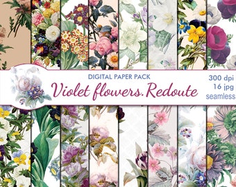 Digital Vintage Violet Flowers Redoute seamless Paper Pack, 16 printable papers, purple floral, shabby chic roses, Instant Download, set 386