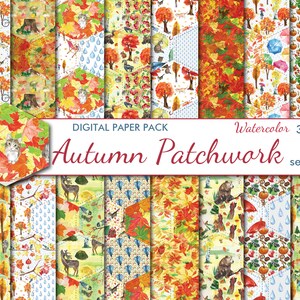 May include: A digital paper pack with 16 seamless patterns featuring watercolor illustrations of autumn leaves, animals, and other fall-themed elements. The pack is titled "Autumn Patchwork" and is 300 dpi.