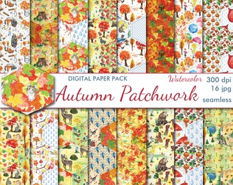 Autumn Patchwork Fabric Seamless Paper Pack, 16 printable floral Scrapbooking papers, Fall Digital Collage, Instant Download, set 455