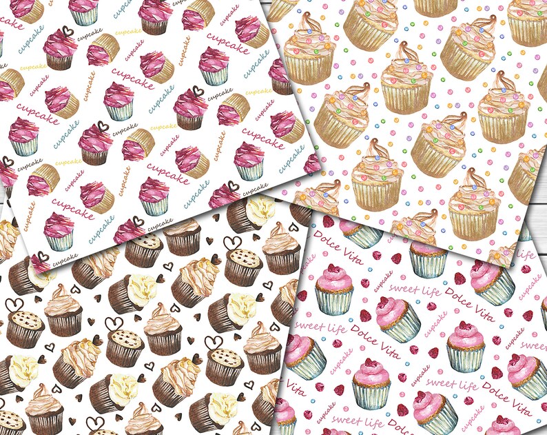 Digital Watercolor Cupcakes Seamless Paper Pack, 16 Printable Digital ...