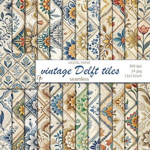 May include: Digital paper featuring a collection of vintage Delft tiles. The tiles showcase intricate floral and geometric patterns in shades of blue, yellow, and brown. The image includes the text "vintage Delft tiles" and details about the resolution and file size.