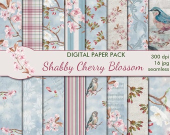 May include: A digital paper pack with 16 seamless patterns featuring a shabby chic style with cherry blossoms, birds, and text in a blue and pink color scheme. The text reads "I see I know Spring is Hour I see".