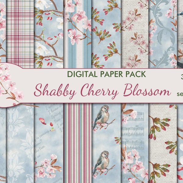 Digital Shabby Cherry Blossom Seamless Paper Pack, 16 printable  Scrapbooking papers, Floral Vintage, Decoupage, Instant Download, set 447