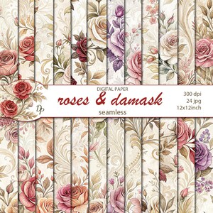Digitala rosor och damast sömlösa papper, 24 utskrivbara scrapbooking akvarell blommönster, direkt nedladdning, set 7