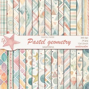 May include: A set of 24 digital papers featuring seamless watercolor patterns in pastel colors. The patterns include geometric shapes like circles, stars, diamonds, and triangles. The text "Pastel geometry seamless" is displayed on the image.