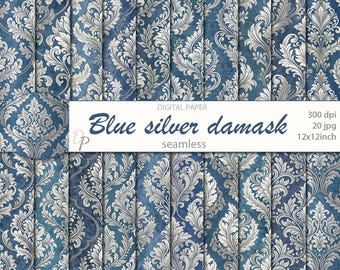 Papéis digitais sem emenda com estampa floral azul e prata em damasco, 20 padrões imprimíveis para scrapbooking, Download instantâneo, conjunto 302